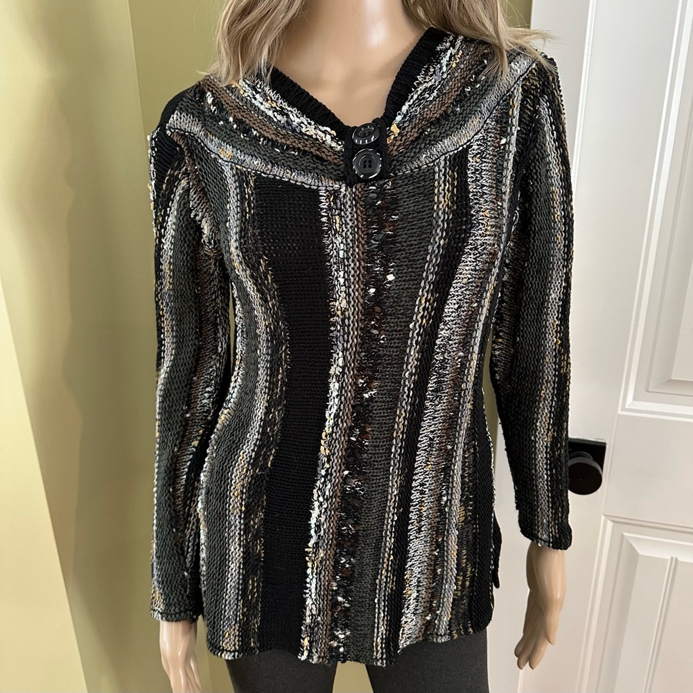 Parkhurst Striped Black and Grey Gold Textured Sweater Small